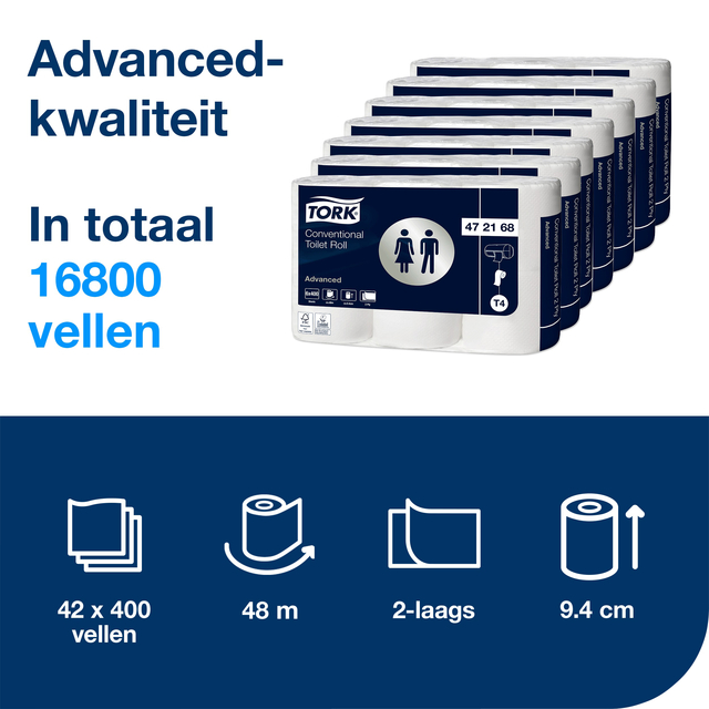 Toiletpapier Tork T4 advanced 2-laags 400vel wit 472168