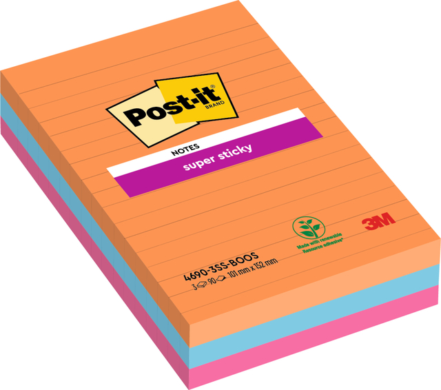 Memoblok Post-it 4690 Super Sticky 101x152mm lijn Bangkok 3 stuks