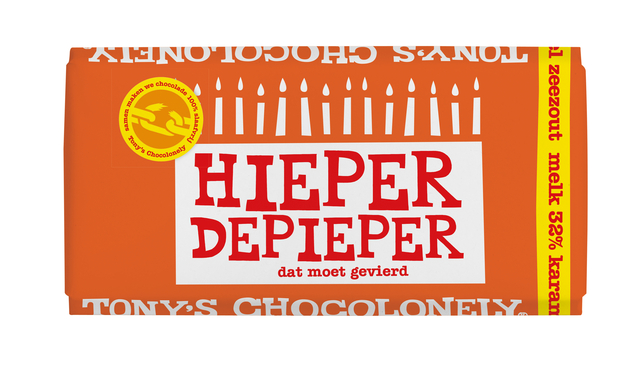 Chocolade Tony's Chocolonely melk karamel zeezout hieper de pieper reep 180gr