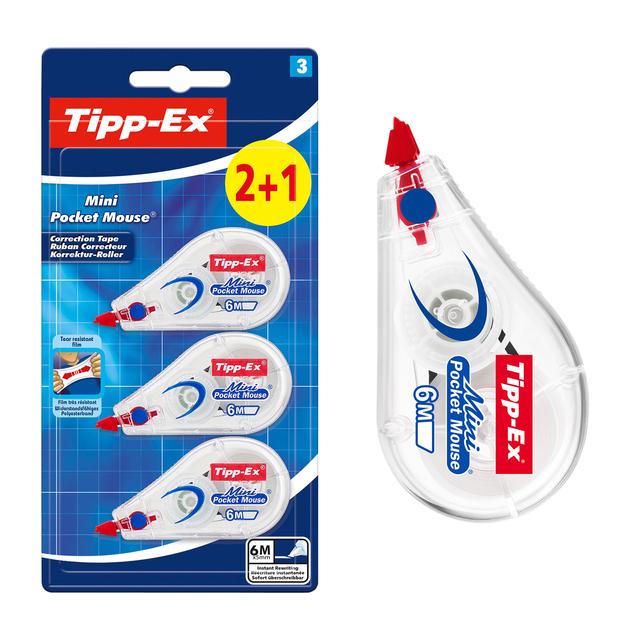 Correctieroller Tipp-ex mini pocket mouse 5mmx6m blister 2+1 gratis