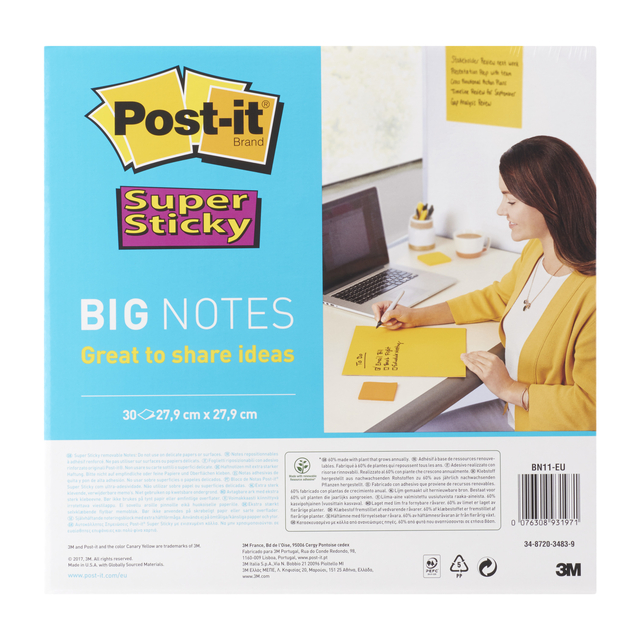 Memoblok Post-it Super Sticky Big Notes BN11-EU geel 279x279mm 30 vel