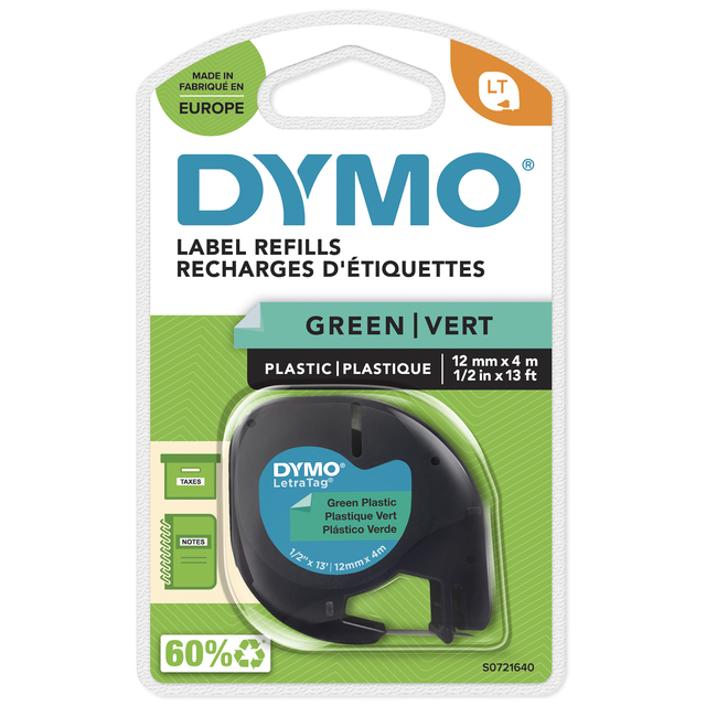 Labeltape Dymo LetraTag plastic 12mm zwart op groen