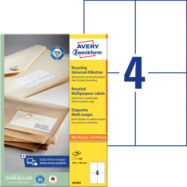 Etiket Avery Zweckform LR3483 105x148mm A6 recycled wit 400stuks