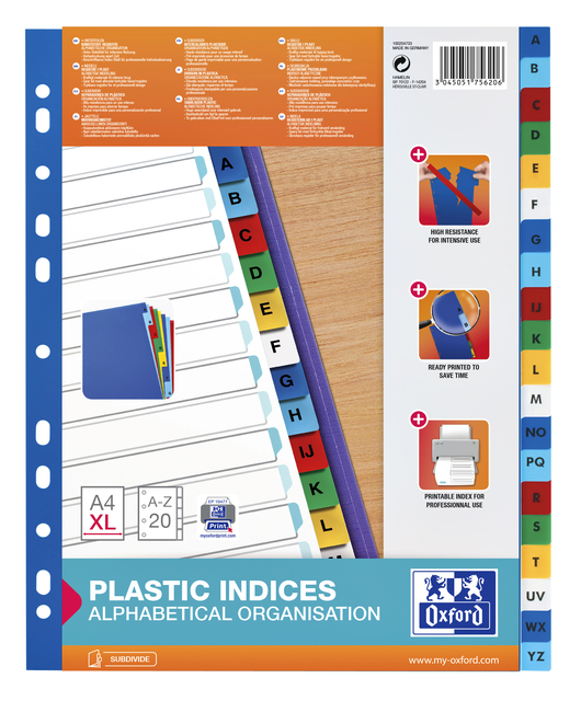 Tabbladen Oxford A4+ 11-gaats 20-delig A-Z PP kleur