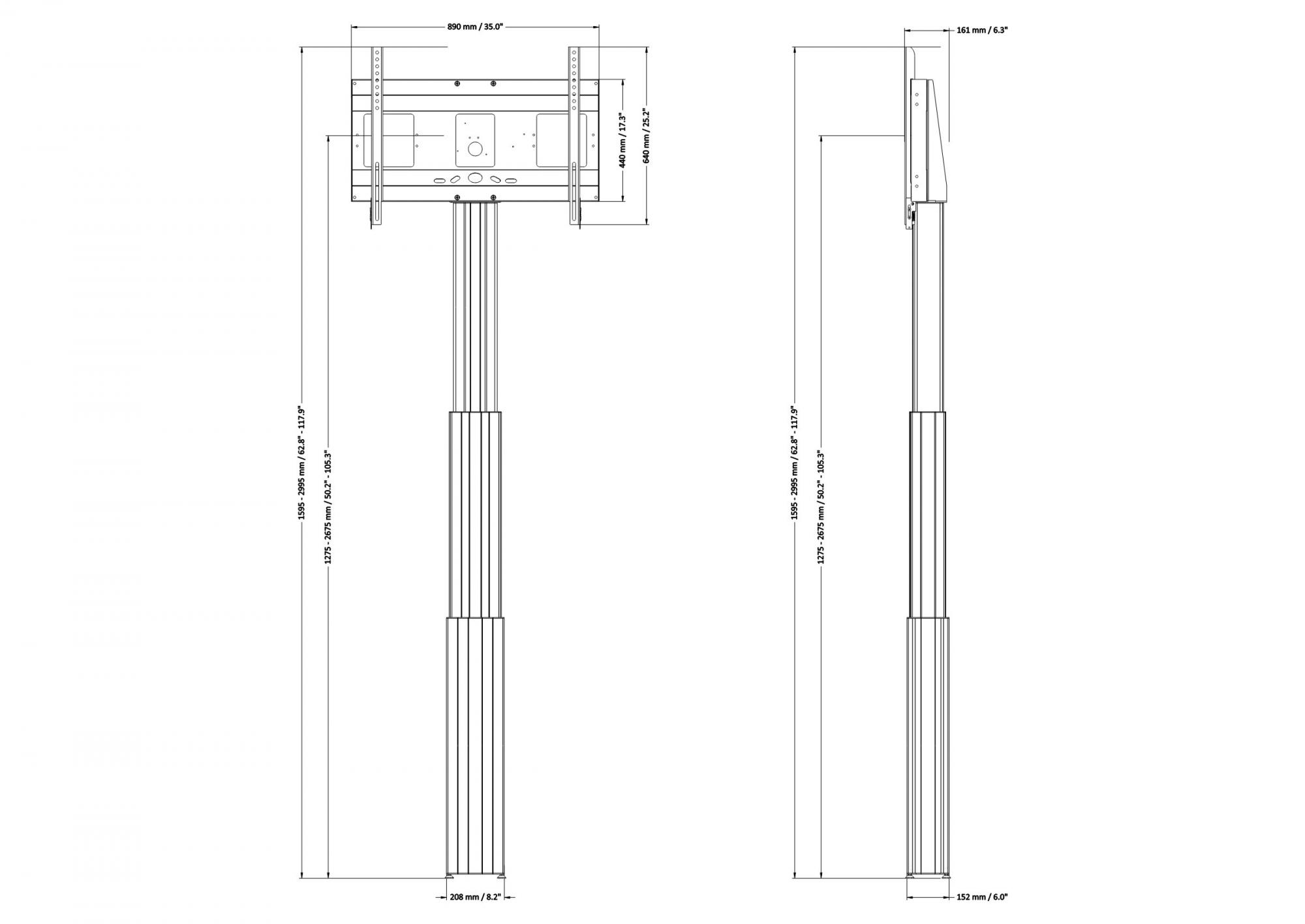 Elektrisch in hoogte verstelbare monitor muurbeugel, 140 cm slag