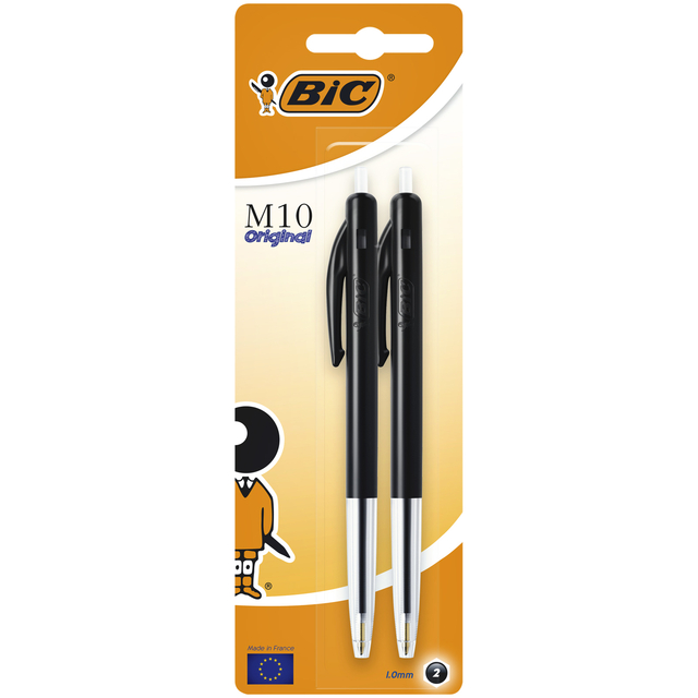 Balpen Bic M10 medium zwart blister à 2 stuks