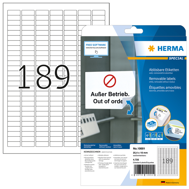 Etiket HERMA 10001 A4 25.4x10mm verwijderbaar wit 4725 etiketten