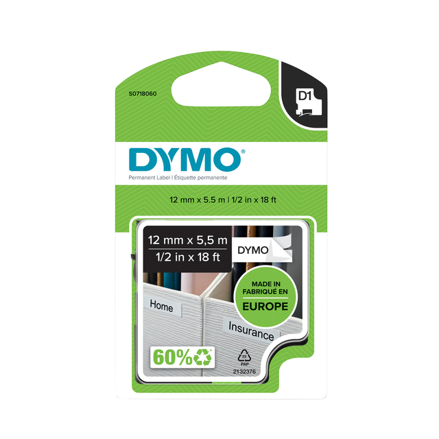 Labeltape Dymo LabelManager D1 polyester 12mm zwart op wit