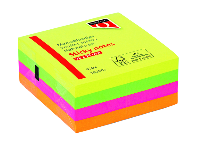 Memoblok Quantore 76x76mm neon kleuren assorti 4 kleuren 400 vel