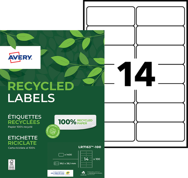 Etiket Avery LR7163-100 99.1x38.1mm recycled wit 1400 etiketten