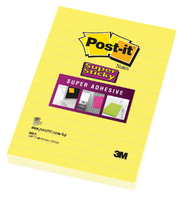 Memoblok Post-it 660 Super Sticky 102x152 geel met lijn 75 vel