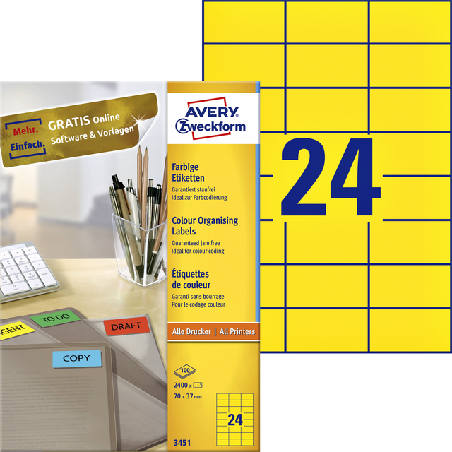 Etiket Avery Zweckform 3451 70x37mm geel 2400stuks