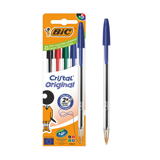 Balpen Bic Cristal medium assorti blister à 5 stuks