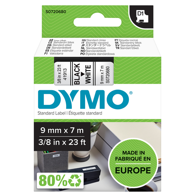 Labeltape Dymo LabelManager D1 polyester 9mm zwart op wit