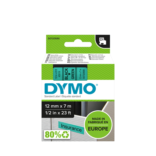 Labeltape Dymo LabelManager D1 polyester 12mm zwart op groen