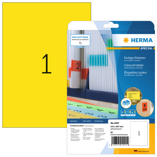 Etiket HERMA 4421 210x297mm verwijderbaar A4 geel 20stuks