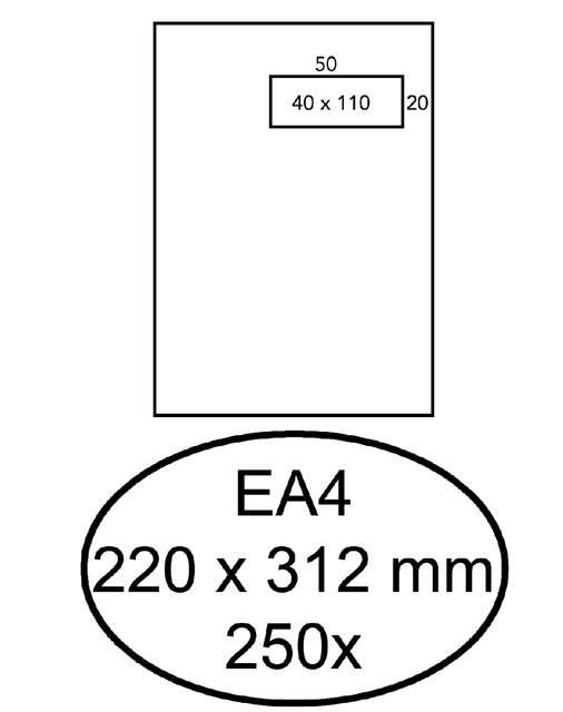 Envelop Hermes akte EA4 220x312mm venster rechts 4x11cm zelfklevend wit doos à 250 stuks