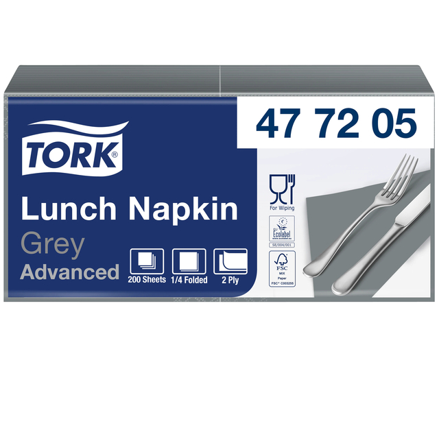 Servetten Tork 2-laags 1/4 gevouwen 200 stuks grijs 477205