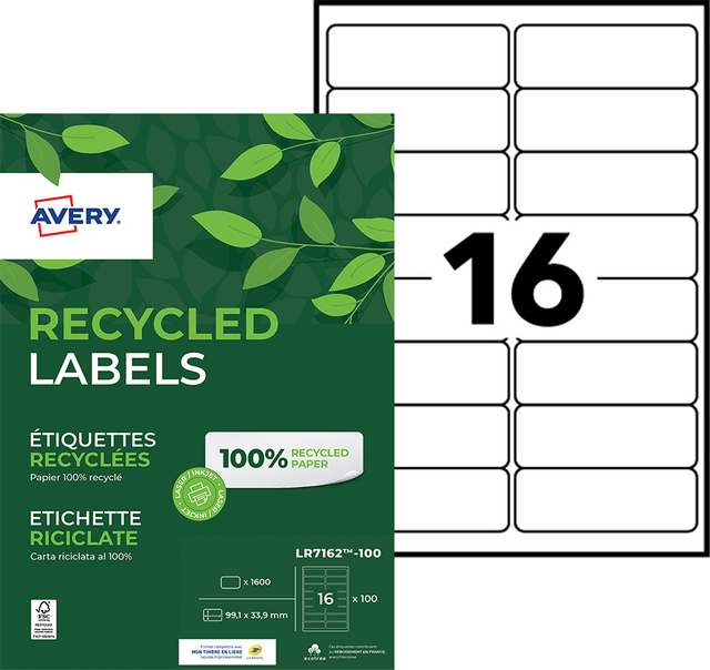 Etiket Avery LR7162-100 99.1x33.9mm recycled wit 1600 etiketten