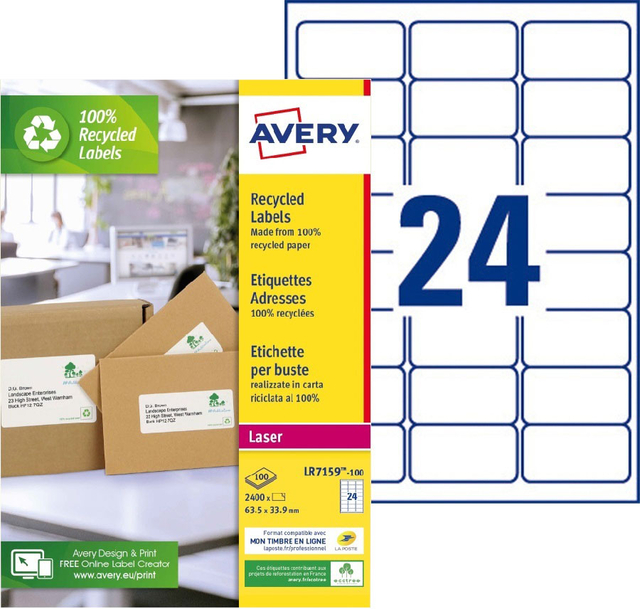 Etiket Avery LR7159-100 33.9x63.5mm recycled wit 2400stuks