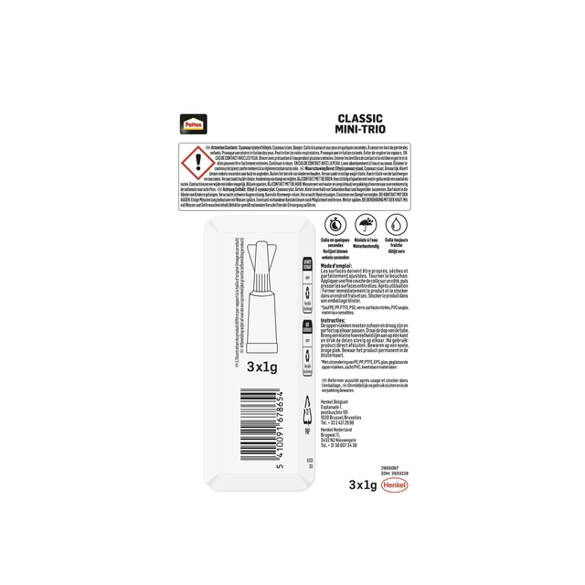 Secondelijm Pattex Classic mini trio tube 3x1gram op blister