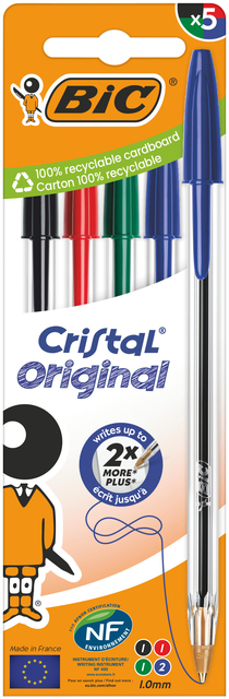 Balpen Bic Cristal medium assorti blister à 5 stuks