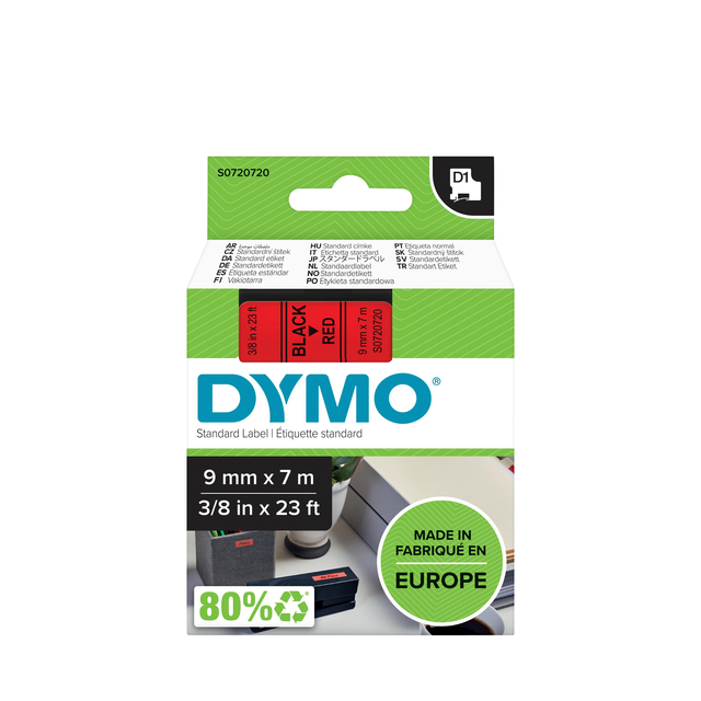 Labeltape Dymo LabelManager D1 polyester 9mm zwart op rood