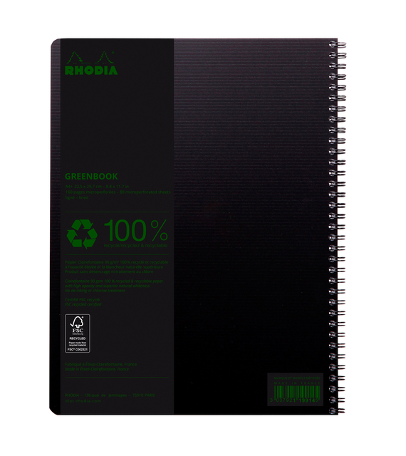 Notitieboek Rhodia Greenbook A4+ lijn 4-gaats 180 pagina's 90gr zwart