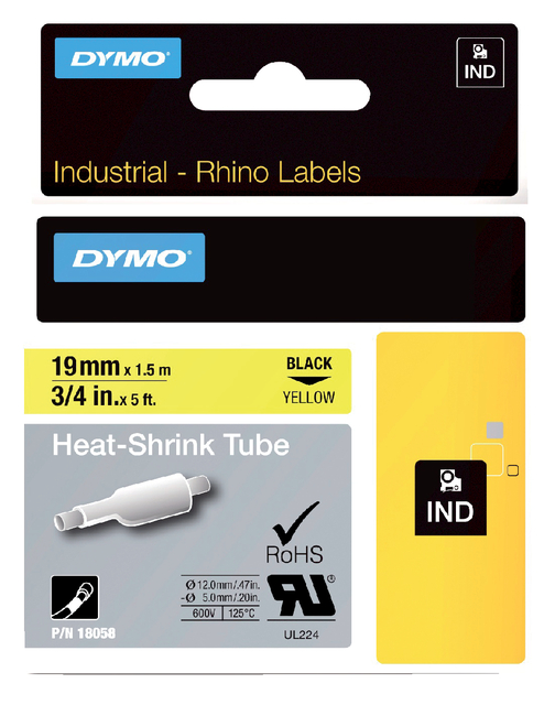 Labeltape Dymo Rhino industrieel krimpkous 19mm zwart op geel