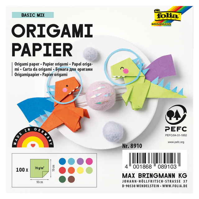 Origami papier Folia 70gr 10x10cm 100 vel assorti kleuren