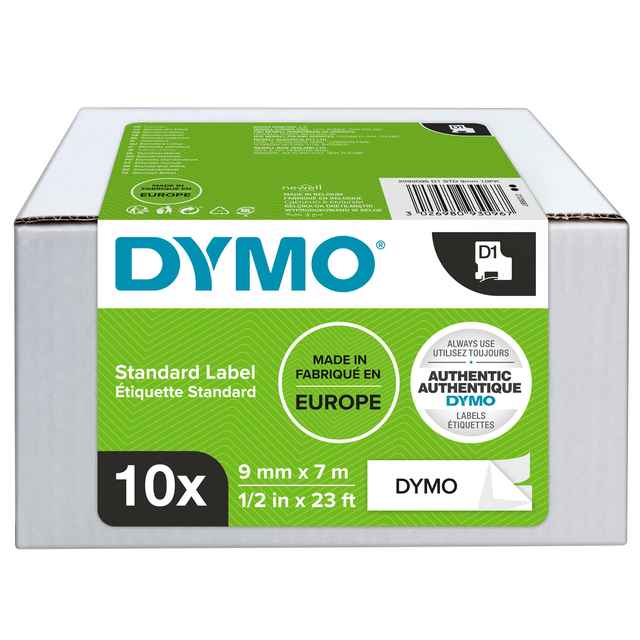 Labeltape Dymo LabelManager D1 polyester 9mm zwart op wit 10 stuks