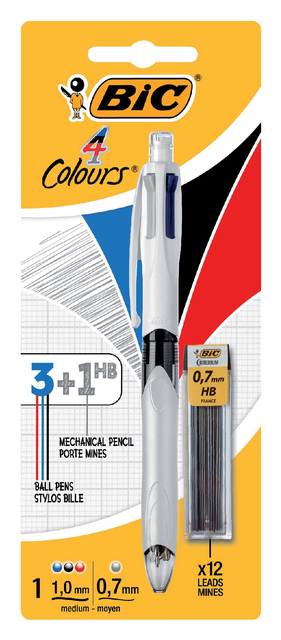 Balpen Bic 3kleuren met vulpotlood HB 0.7mm medium wit blister à 1 stuk