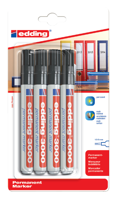 Viltstift edding 3000 rond 1.5-3mm zwart blister à 4 stuks