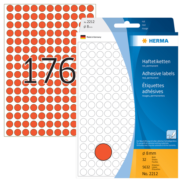 Etiket HERMA 2212 rond 8mm rood 5632stuks