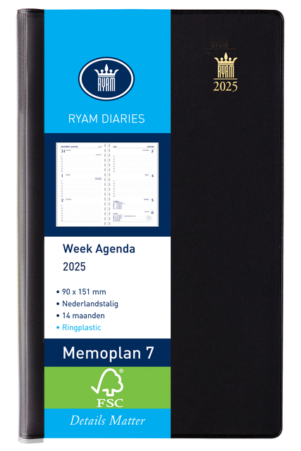 Agenda 2025 Ryam Memoplan 7 Suprema ringplastic 7dagen/2pagina's zwart