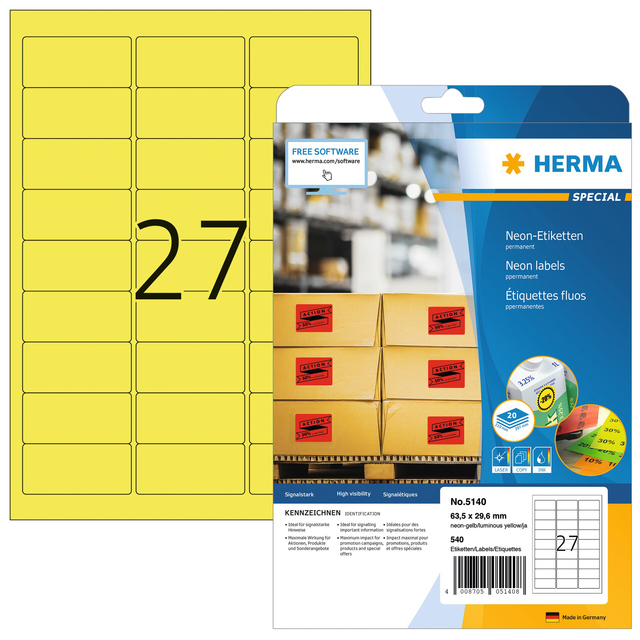 Etiket HERMA 5140 63.5x29.6mm neon geel 540 etiketten