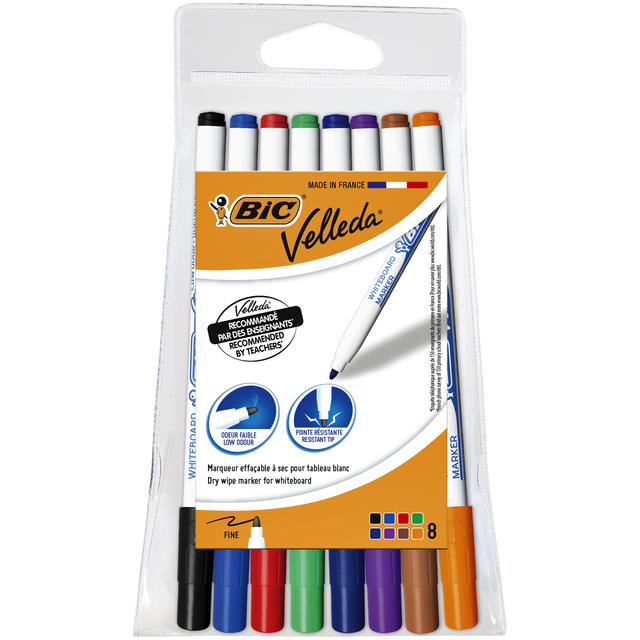 Viltstift Bic Velleda 1721 whiteboard rond fijn assorti blister à 8 stuks