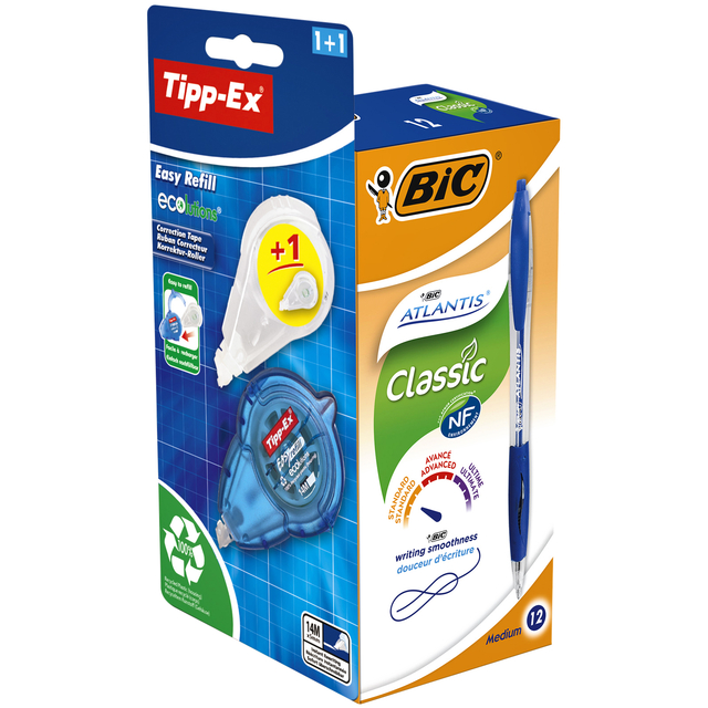 Balpen BIC Atlantis + gratis Tipp-Ex easy medium blauw doos à 12 stuks