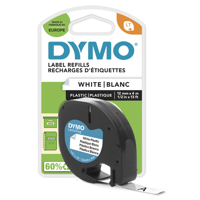 Labeltape Dymo LetraTag plastic 12mm zwart op wit