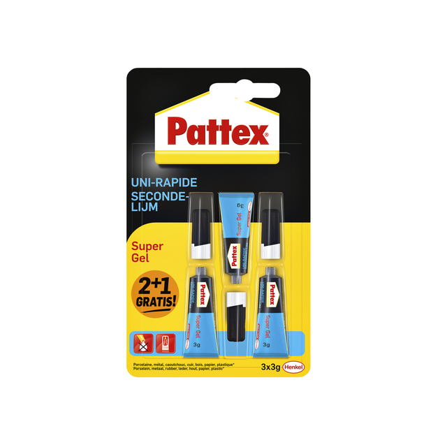 Secondelijm Pattex super gel 3 gram blister 2+1 gratis