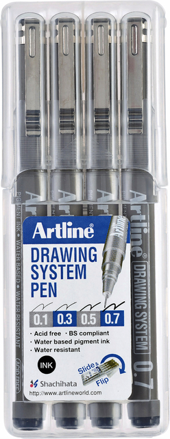 Fineliner Artline technisch etui met 0.1-0.3-0.5-0.7mm zwart