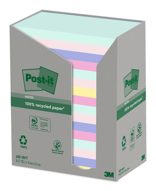 Memoblok Post-it 655-RPT 76x127mm recycled rainbow pastel 16 stuks