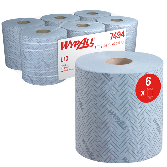 Poetspapier WypAll L10 1-laags 630 vel blauw 7494