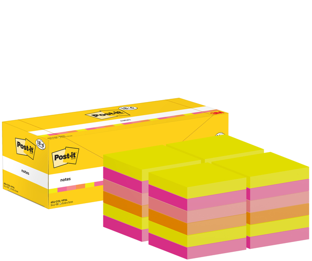 Memoblok 3M Post-it 654-COL 76x76mm kleur ass voordeelpak