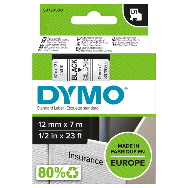 Labeltape Dymo LabelManager D1 polyester 12mm zwart op transparant