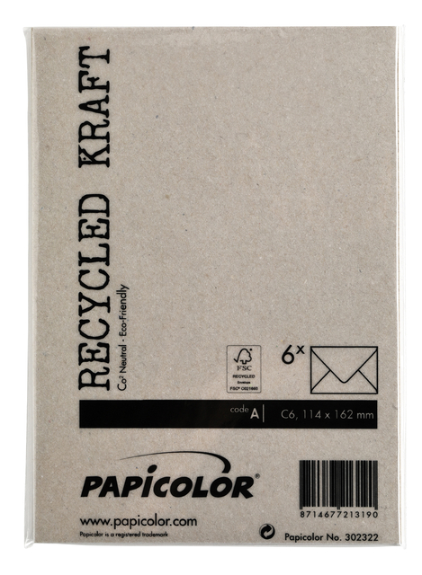 Envelop Papicolor C6 114x162mm kraft grijs pak à 6 stuks