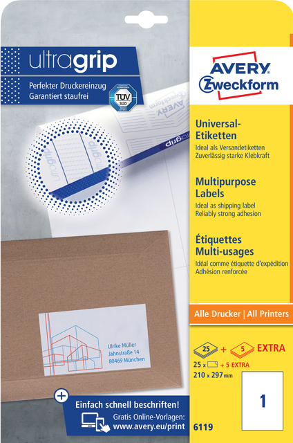 Etiket Avery Zweckform 6119 210x297mm A4 wit 25stuks