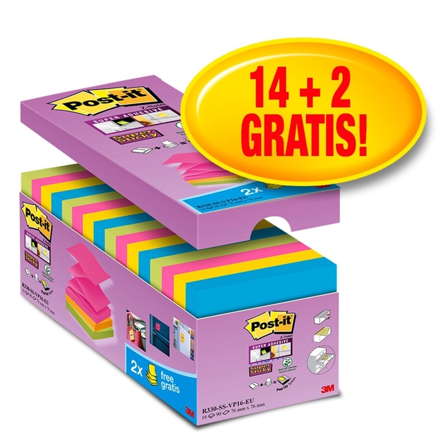 Memoblok Post-it Z-Note S330 Super Sticky 76x76mm 14+ 2 assorti