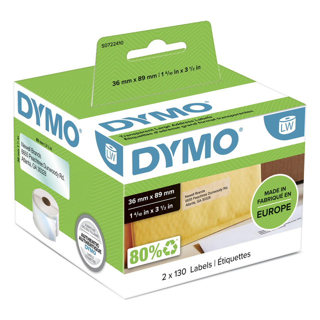 Etiket Dymo LabelWriter adressering 36x89mm 2 rollen á 130 stuks transparant