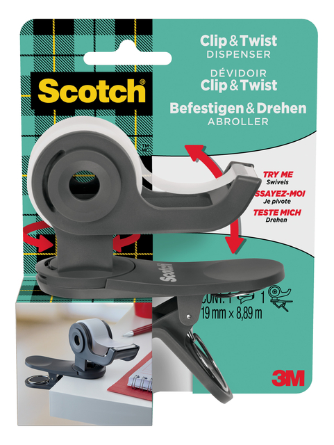 Plakbandhouder Scotch Clip C19 donkergrijs + 1 rol magic tape 19mmx8.89m